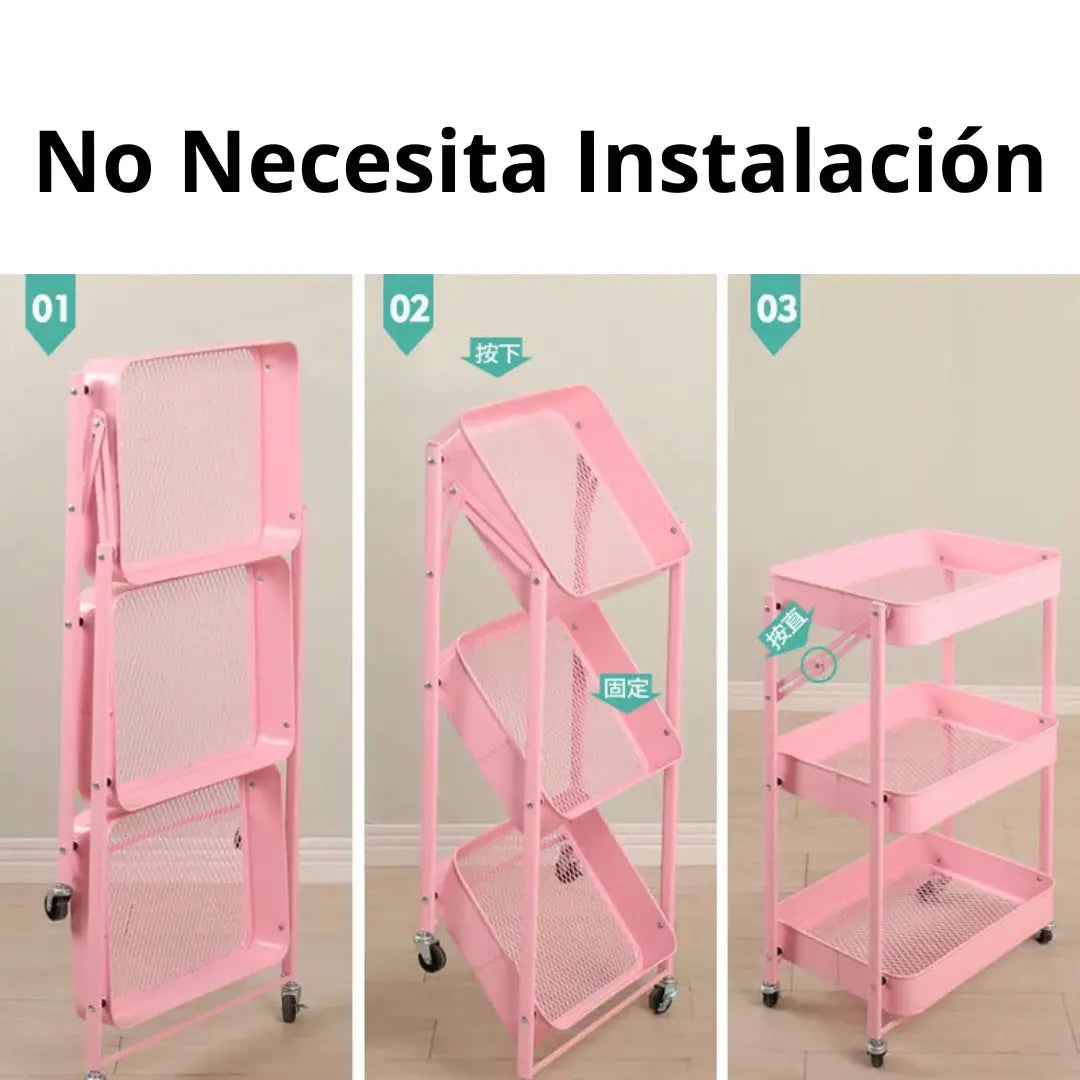 Carrito Organizador de Metal Plegable Color Rosado