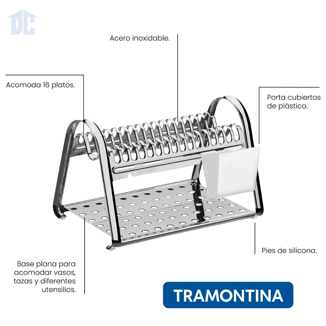 Escurridor de Platos de Acero Inoxidable con Porta Cubiertos Blanco Marca Tramontina