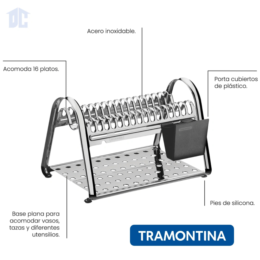 Escurridor de Platos de Acero Inoxidable con Porta Cubiertos Negro Marca Tramontina