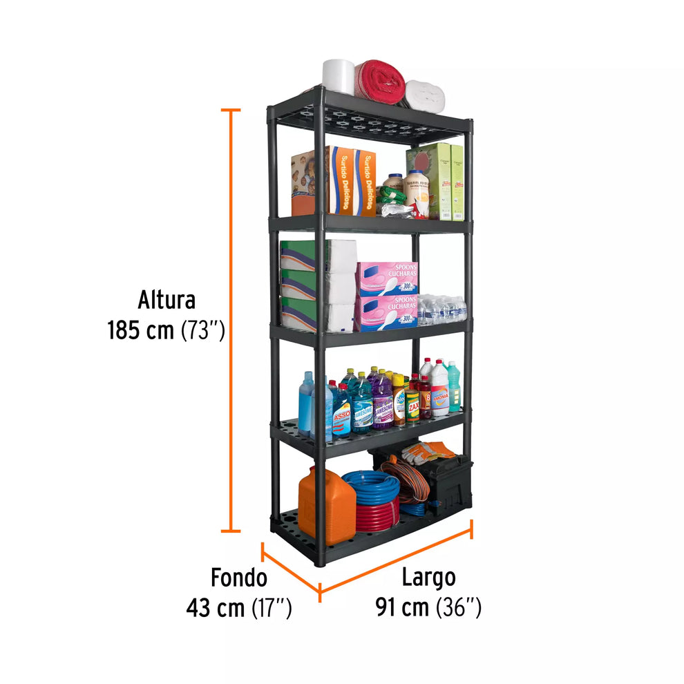 Infografía con medidas del estante Truper 19943: 185 cm de alto por 91 cm de largo.